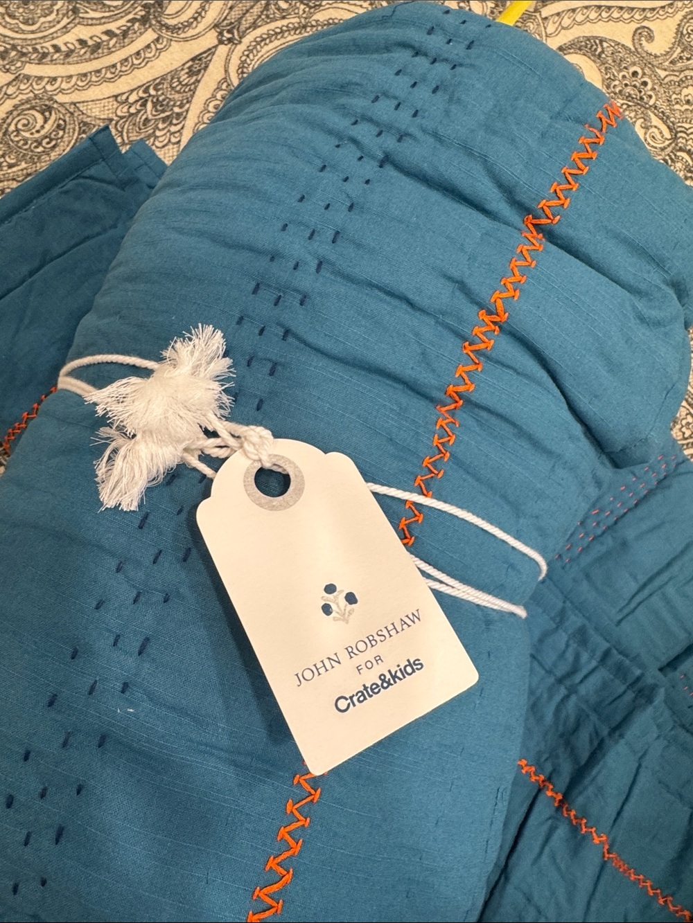 Crate and Barrel Kids blue with Orange Stitching twin quilt & John robshaw